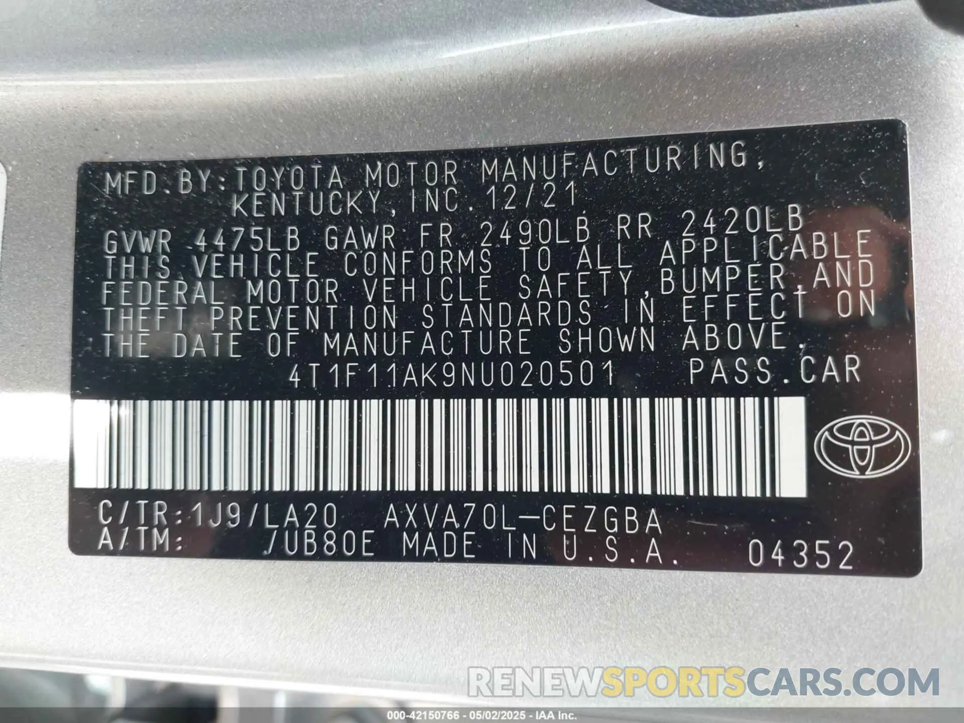 9 Photograph of a damaged car 4T1F11AK9NU020501 TOYOTA CAMRY 2022