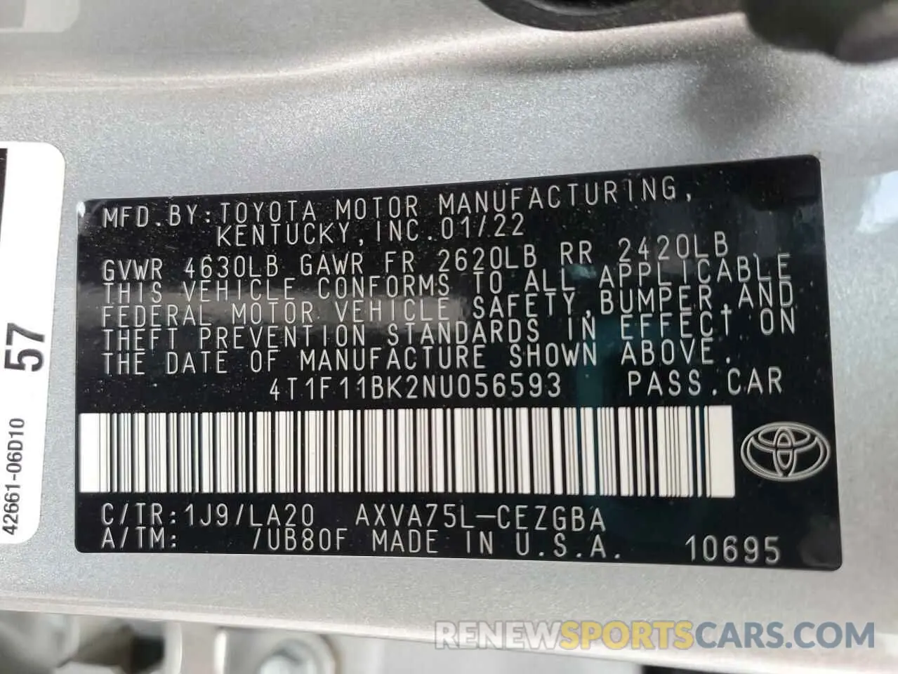 12 Photograph of a damaged car 4T1F11BK2NU056593 TOYOTA CAMRY 2022