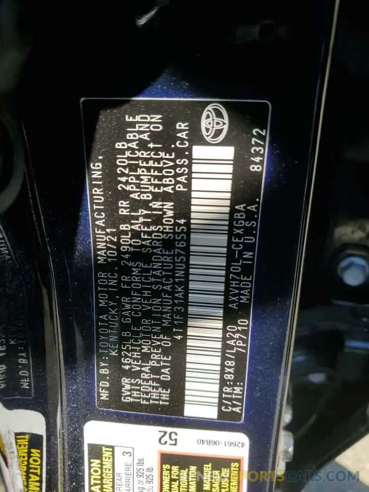 12 Фотография поврежденного автомобиля 4T1F31AK1NU576554 TOYOTA CAMRY 2022