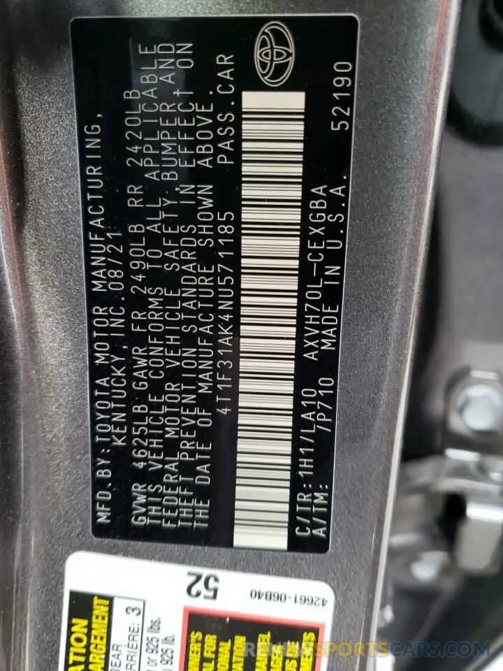 10 Photograph of a damaged car 4T1F31AK4NU571185 TOYOTA CAMRY 2022