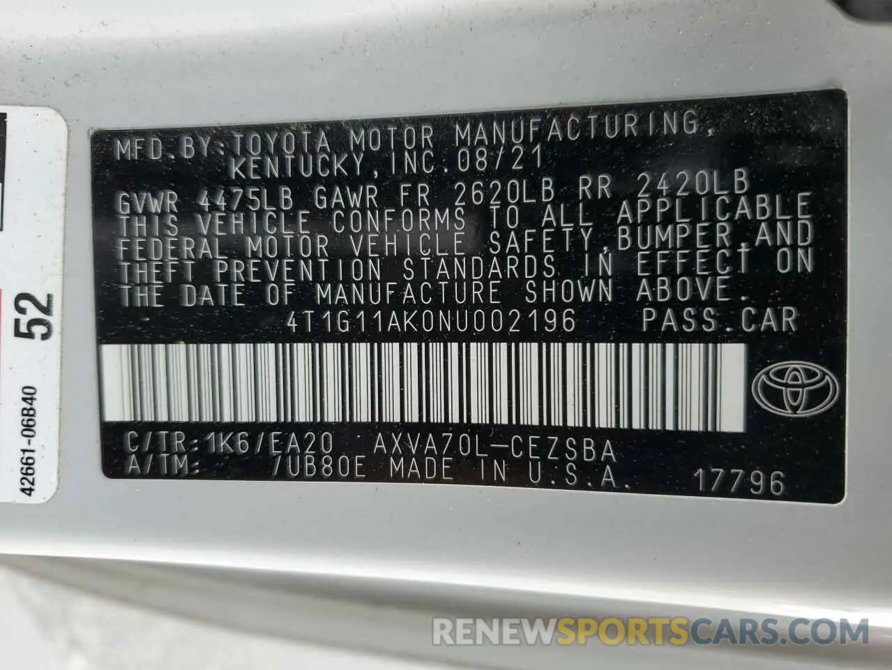 13 Photograph of a damaged car 4T1G11AK0NU002196 TOYOTA CAMRY 2022