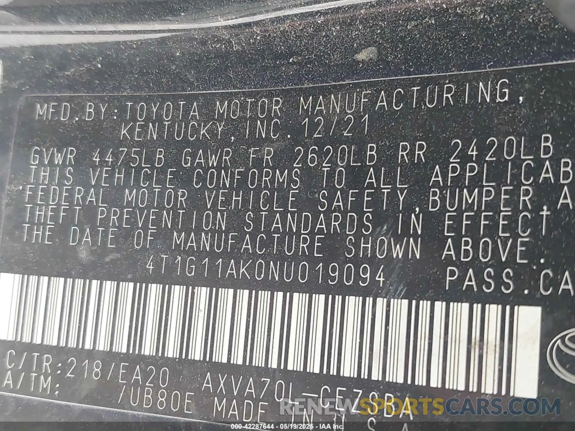 9 Photograph of a damaged car 4T1G11AK0NU019094 TOYOTA CAMRY 2022