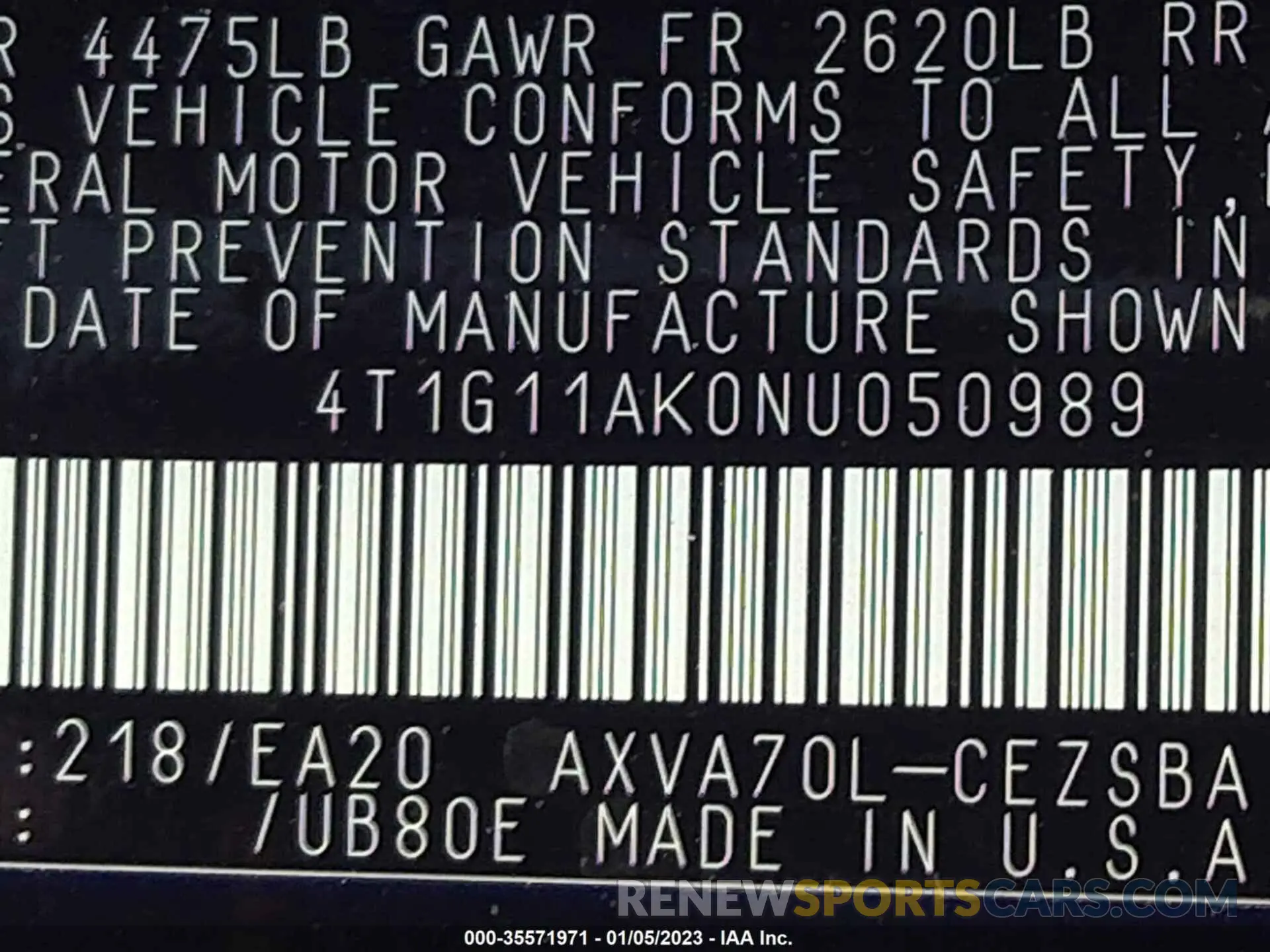 9 Фотография поврежденного автомобиля 4T1G11AK0NU050989 TOYOTA CAMRY 2022