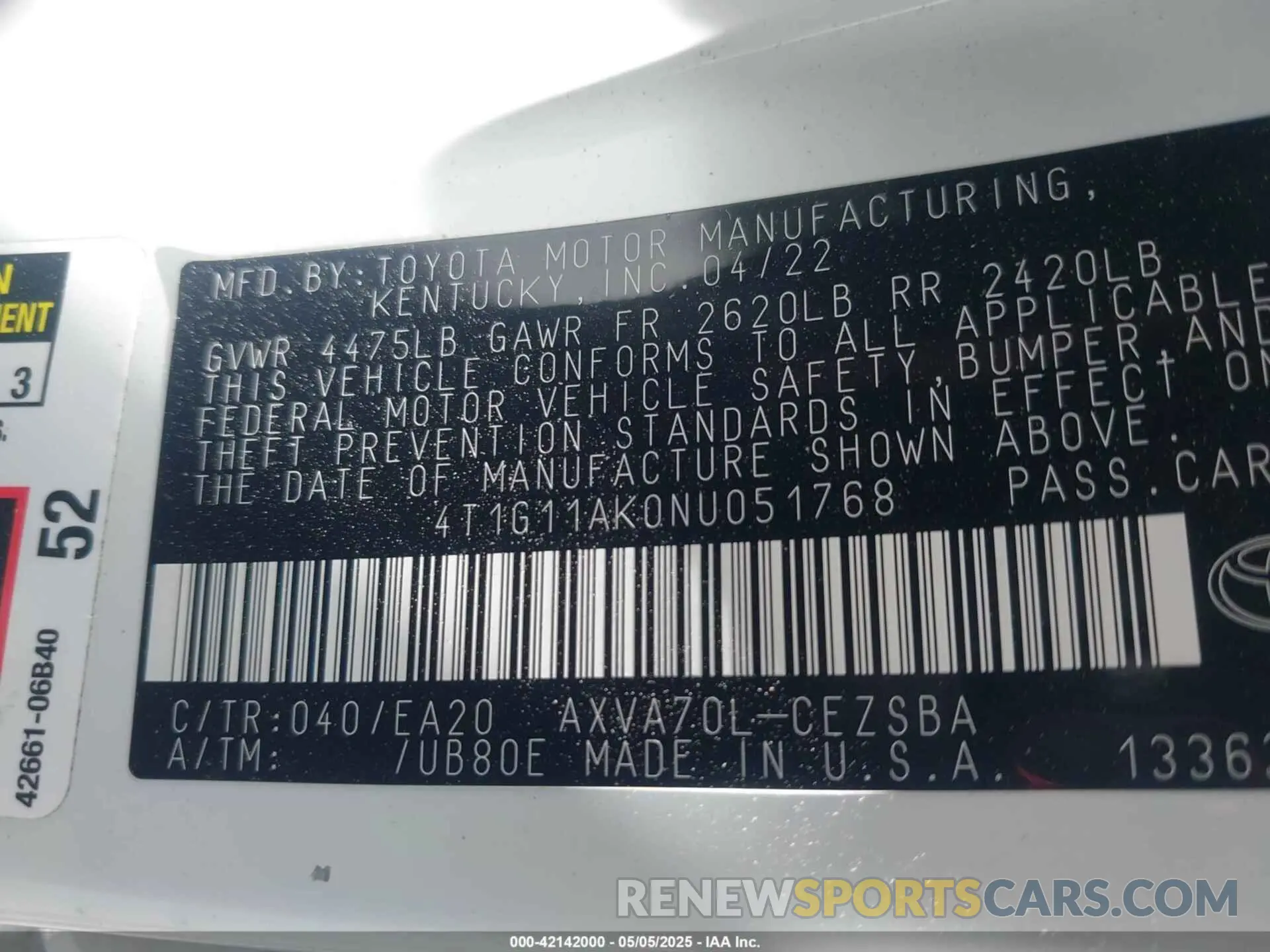 9 Фотография поврежденного автомобиля 4T1G11AK0NU051768 TOYOTA CAMRY 2022