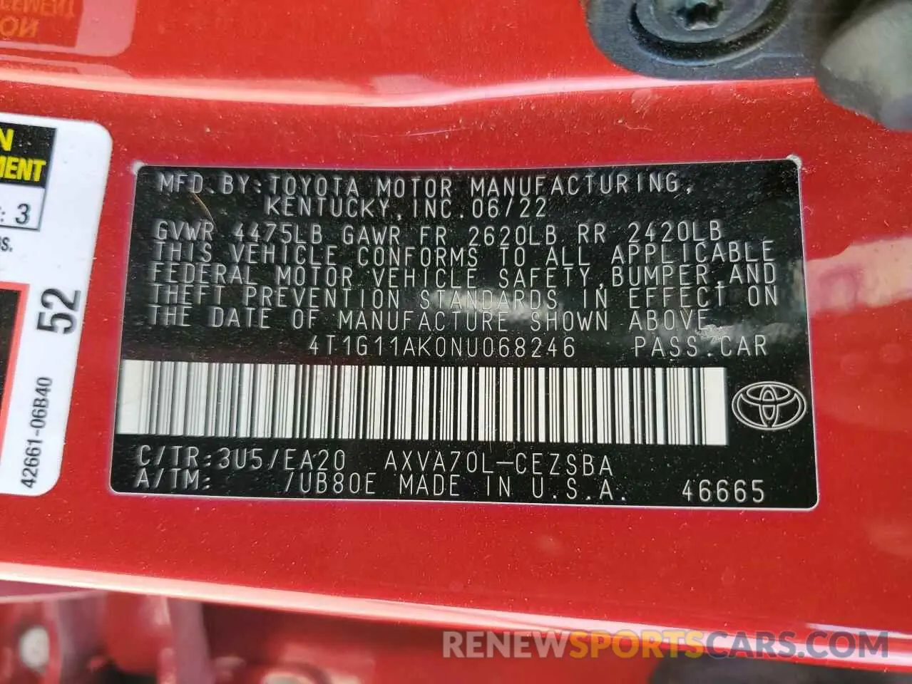 12 Фотография поврежденного автомобиля 4T1G11AK0NU068246 TOYOTA CAMRY 2022