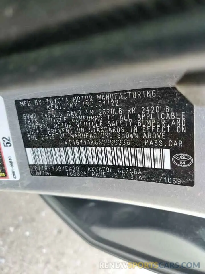 14 Фотография поврежденного автомобиля 4T1G11AK0NU666336 TOYOTA CAMRY 2022