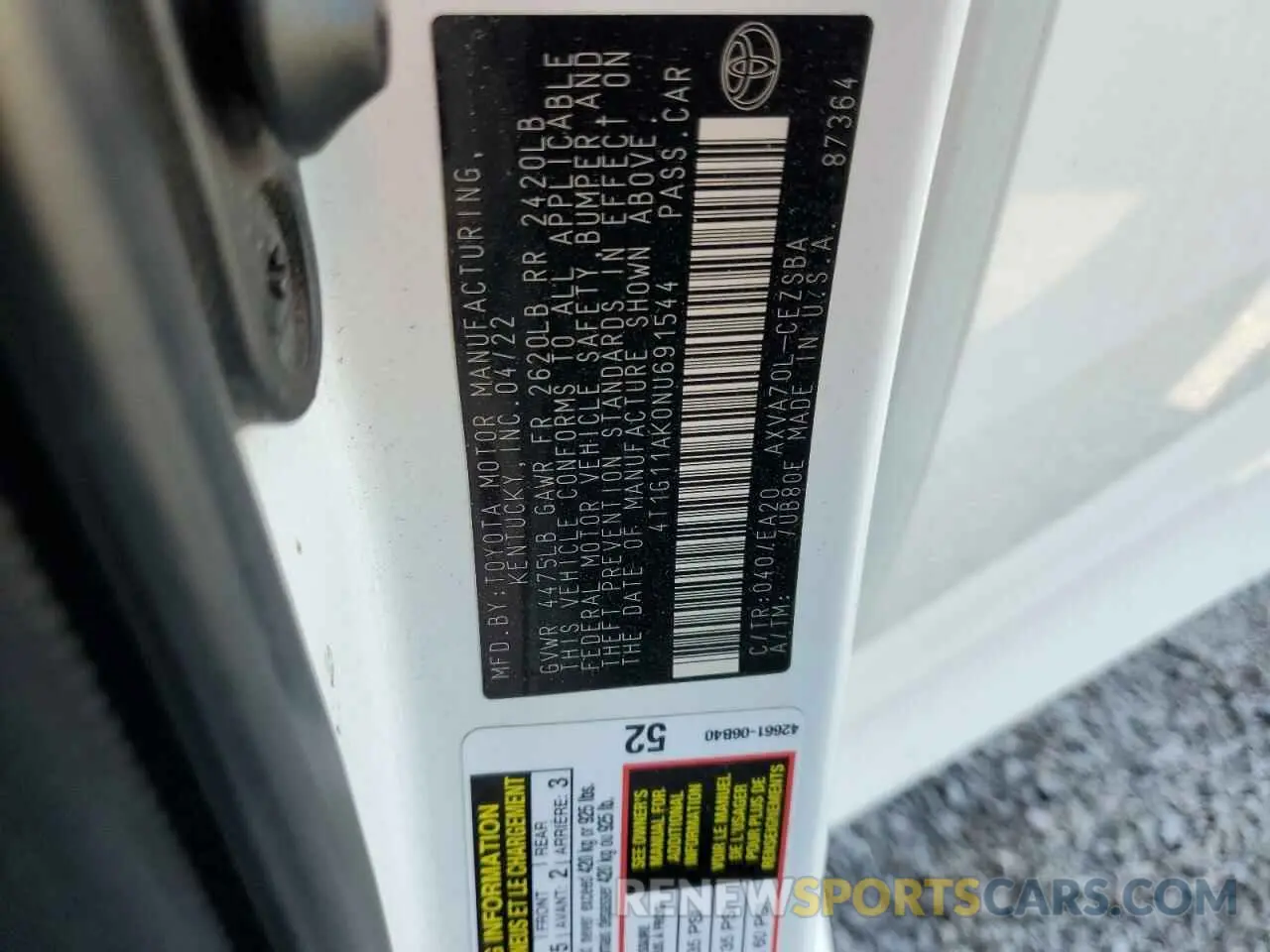12 Photograph of a damaged car 4T1G11AK0NU691544 TOYOTA CAMRY 2022