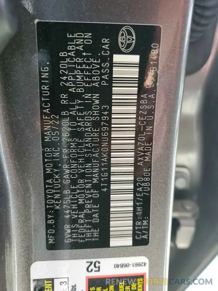 12 Photograph of a damaged car 4T1G11AK0NU697943 TOYOTA CAMRY 2022
