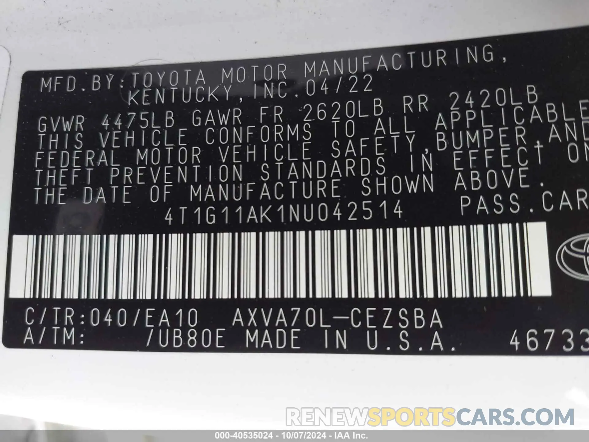 9 Photograph of a damaged car 4T1G11AK1NU042514 TOYOTA CAMRY 2022