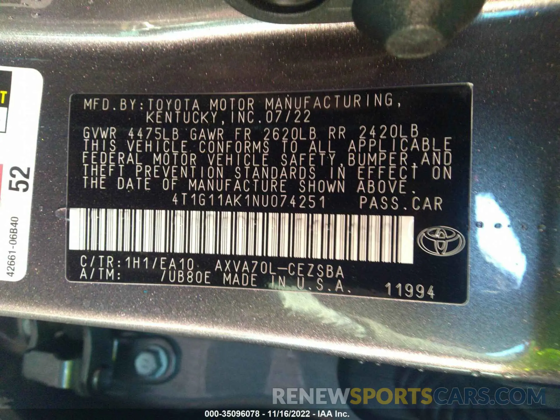 9 Фотография поврежденного автомобиля 4T1G11AK1NU074251 TOYOTA CAMRY 2022