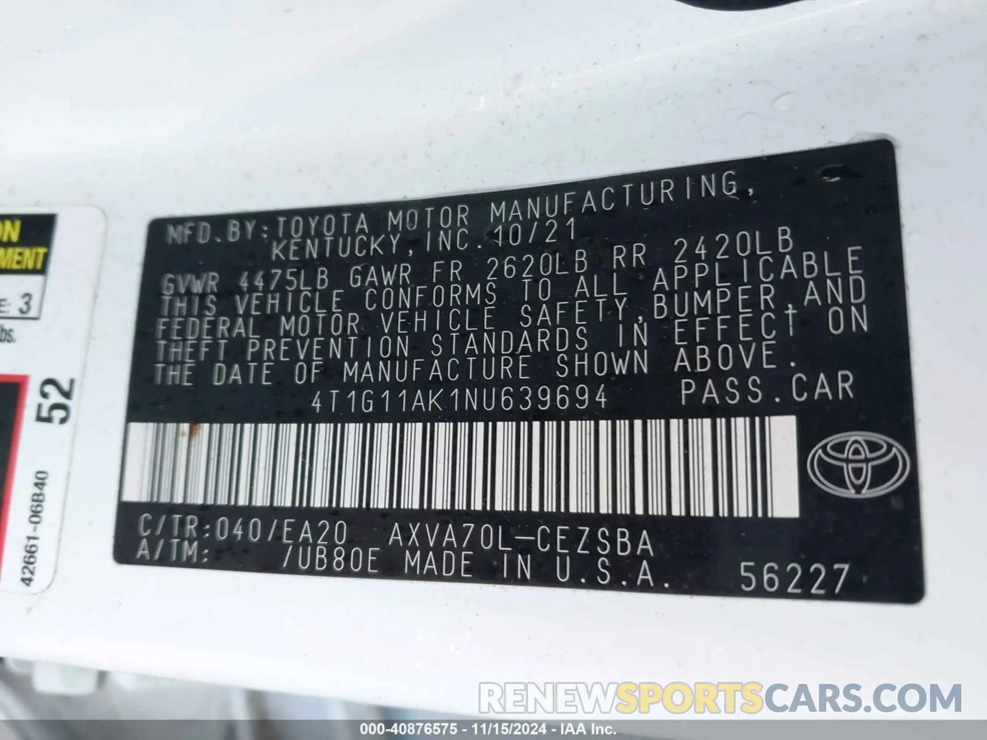 9 Photograph of a damaged car 4T1G11AK1NU639694 TOYOTA CAMRY 2022
