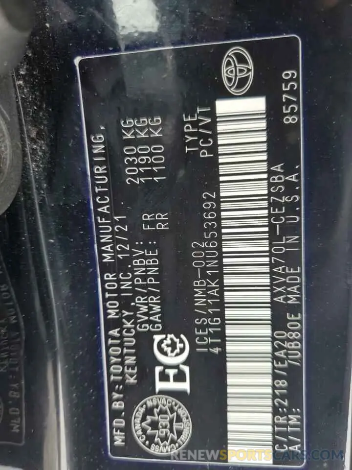 12 Фотография поврежденного автомобиля 4T1G11AK1NU653692 TOYOTA CAMRY 2022