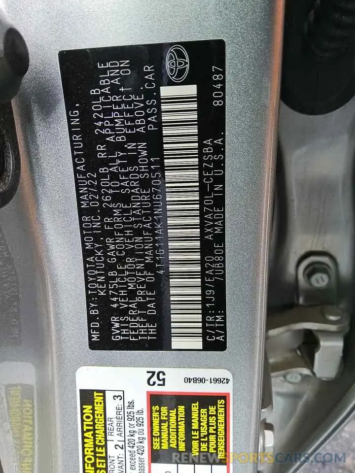 12 Фотография поврежденного автомобиля 4T1G11AK1NU670511 TOYOTA CAMRY 2022
