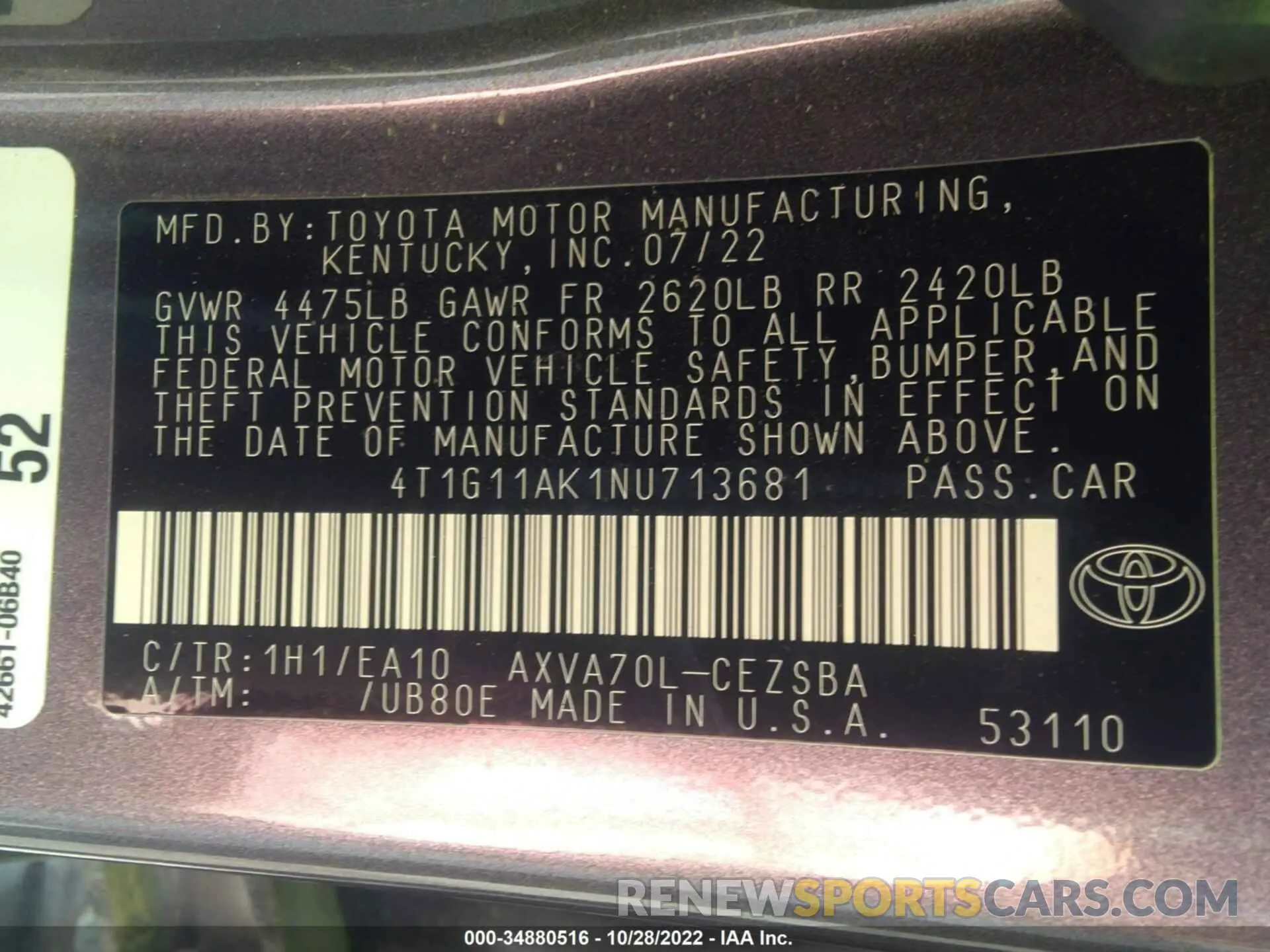 9 Photograph of a damaged car 4T1G11AK1NU713681 TOYOTA CAMRY 2022