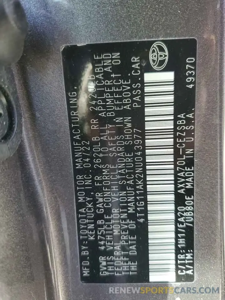 12 Photograph of a damaged car 4T1G11AK2NU043977 TOYOTA CAMRY 2022