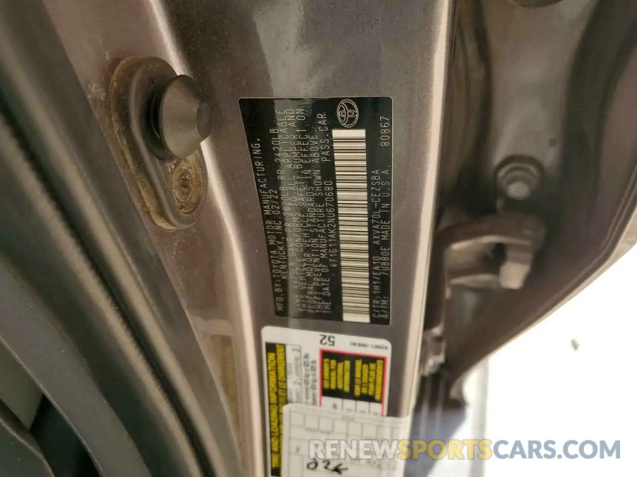 12 Photograph of a damaged car 4T1G11AK2NU670680 TOYOTA CAMRY 2022