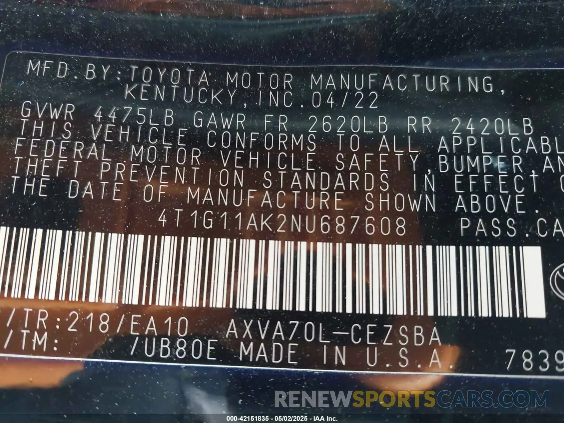 9 Photograph of a damaged car 4T1G11AK2NU687608 TOYOTA CAMRY 2022