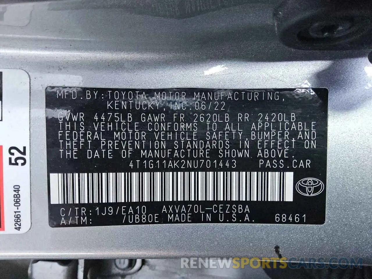13 Фотография поврежденного автомобиля 4T1G11AK2NU701443 TOYOTA CAMRY 2022