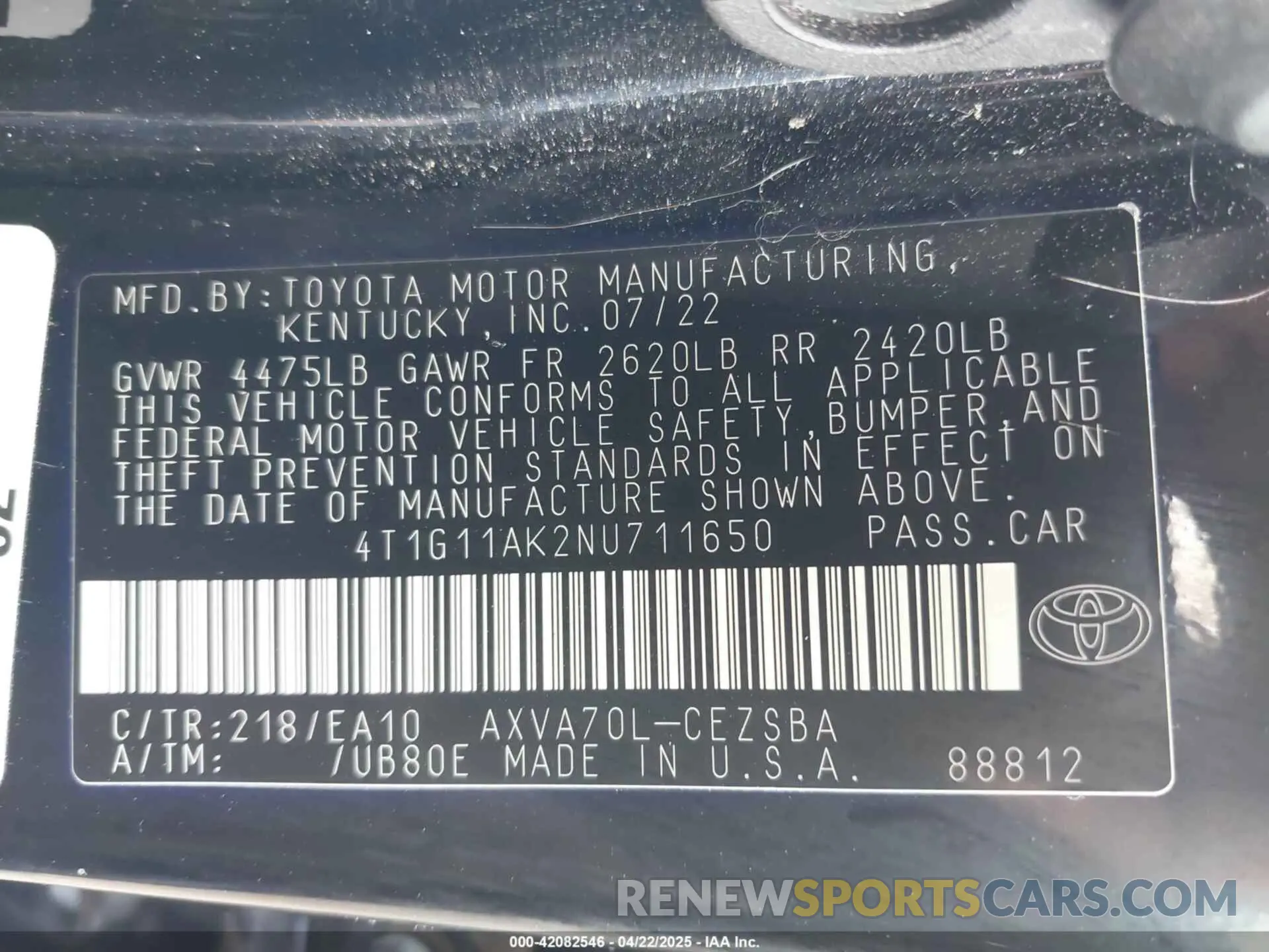 9 Photograph of a damaged car 4T1G11AK2NU711650 TOYOTA CAMRY 2022