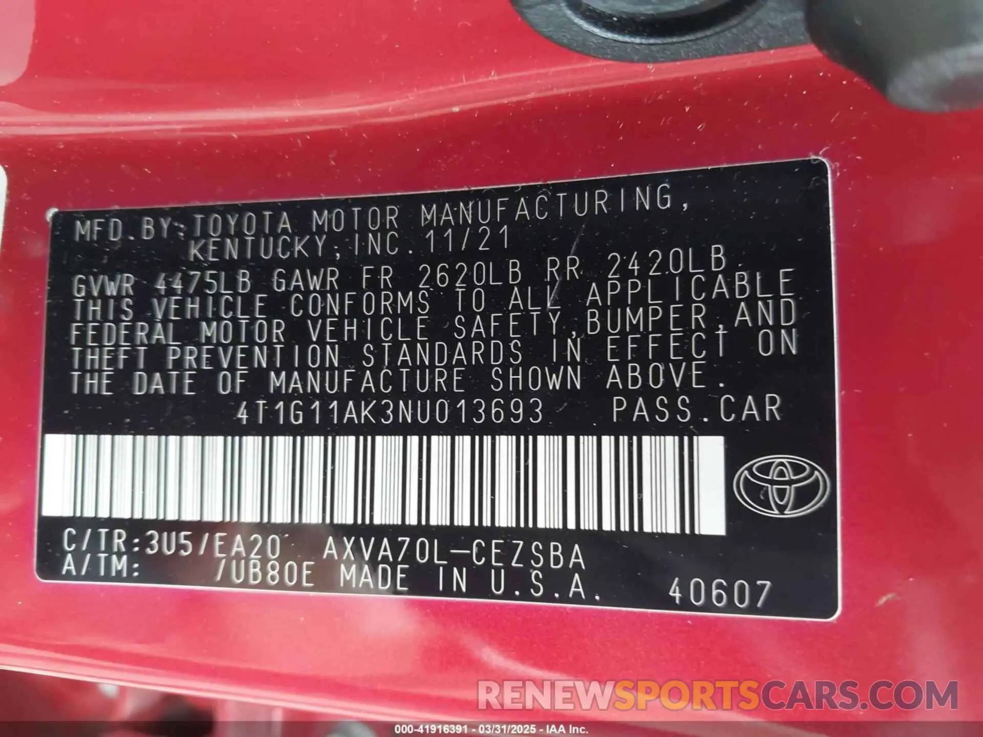 9 Фотография поврежденного автомобиля 4T1G11AK3NU013693 TOYOTA CAMRY 2022