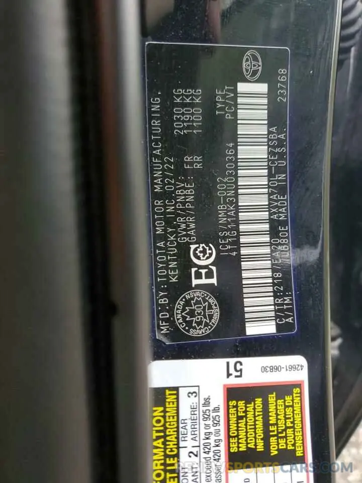 13 Photograph of a damaged car 4T1G11AK3NU030364 TOYOTA CAMRY 2022