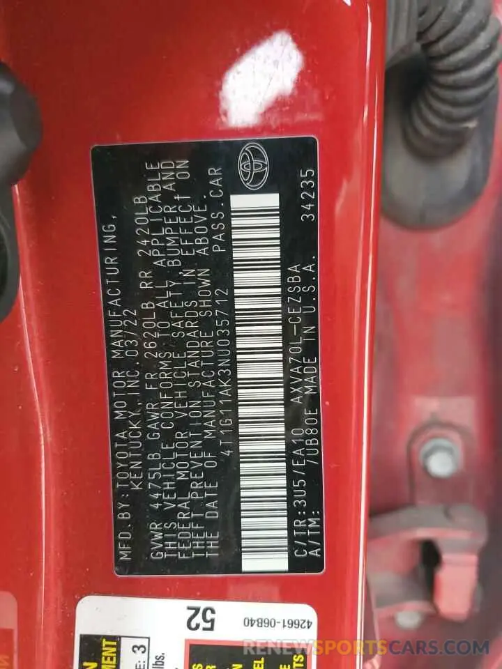 12 Фотография поврежденного автомобиля 4T1G11AK3NU035712 TOYOTA CAMRY 2022