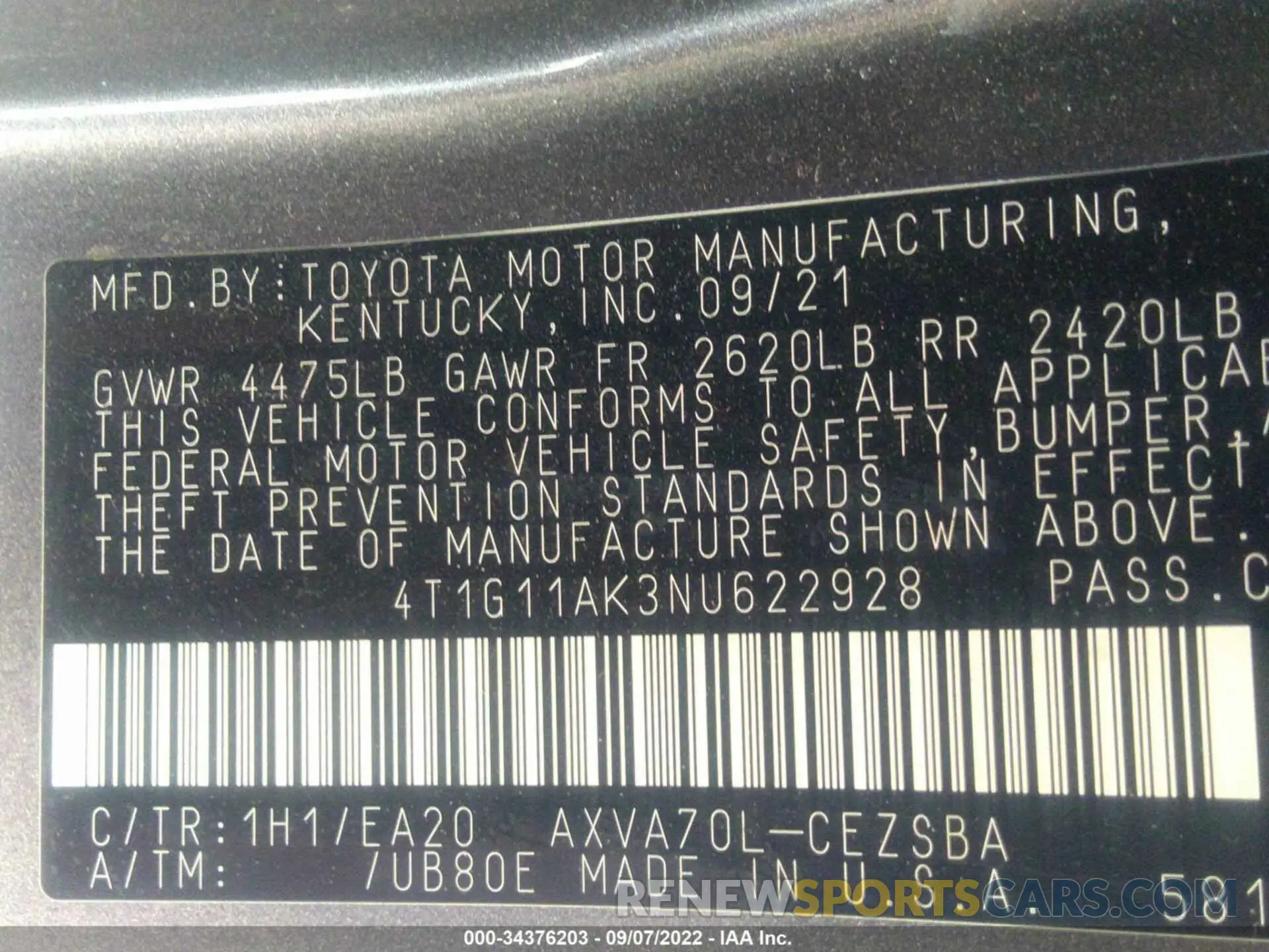 9 Photograph of a damaged car 4T1G11AK3NU622928 TOYOTA CAMRY 2022