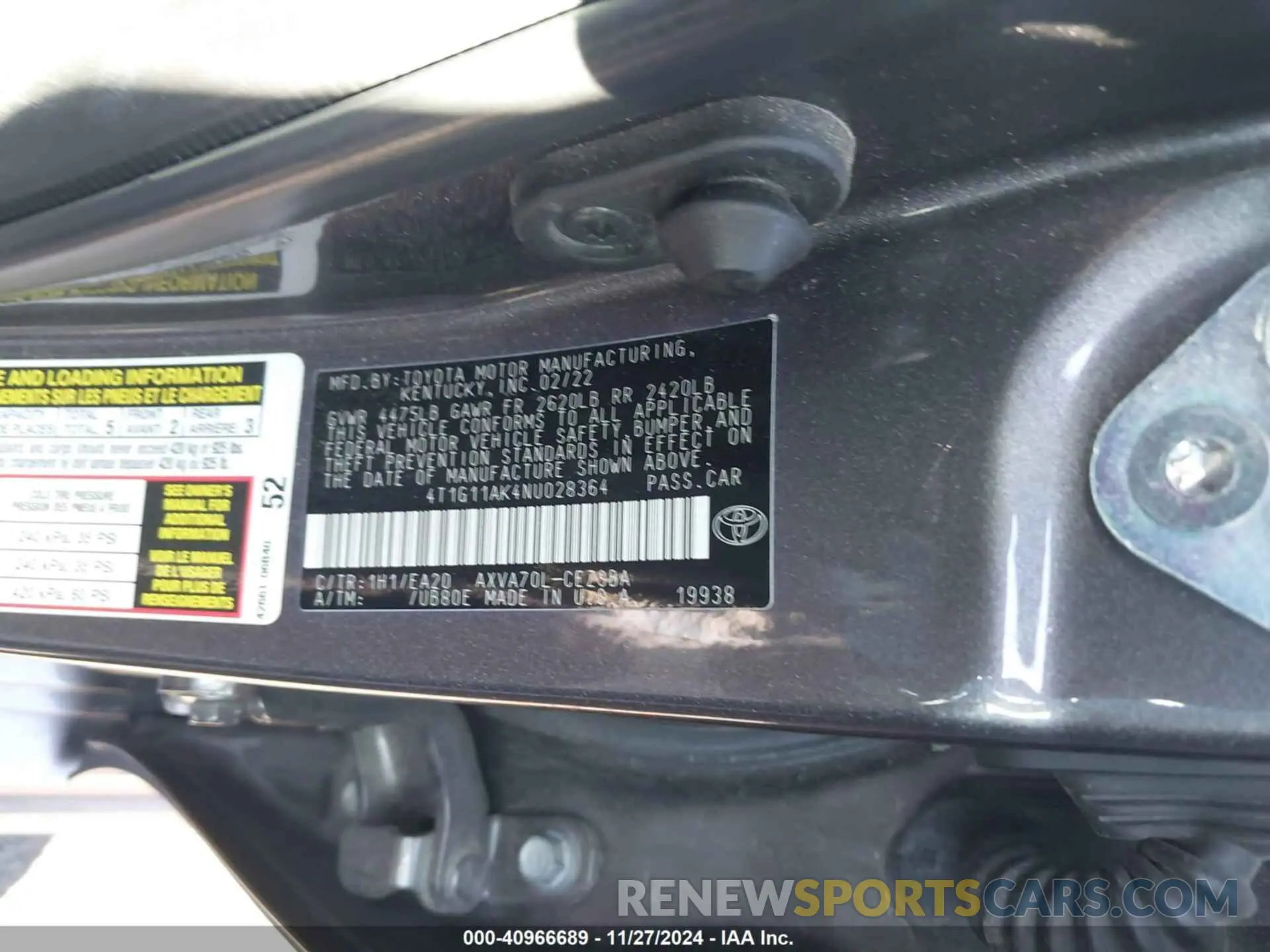 9 Фотография поврежденного автомобиля 4T1G11AK4NU028364 TOYOTA CAMRY 2022