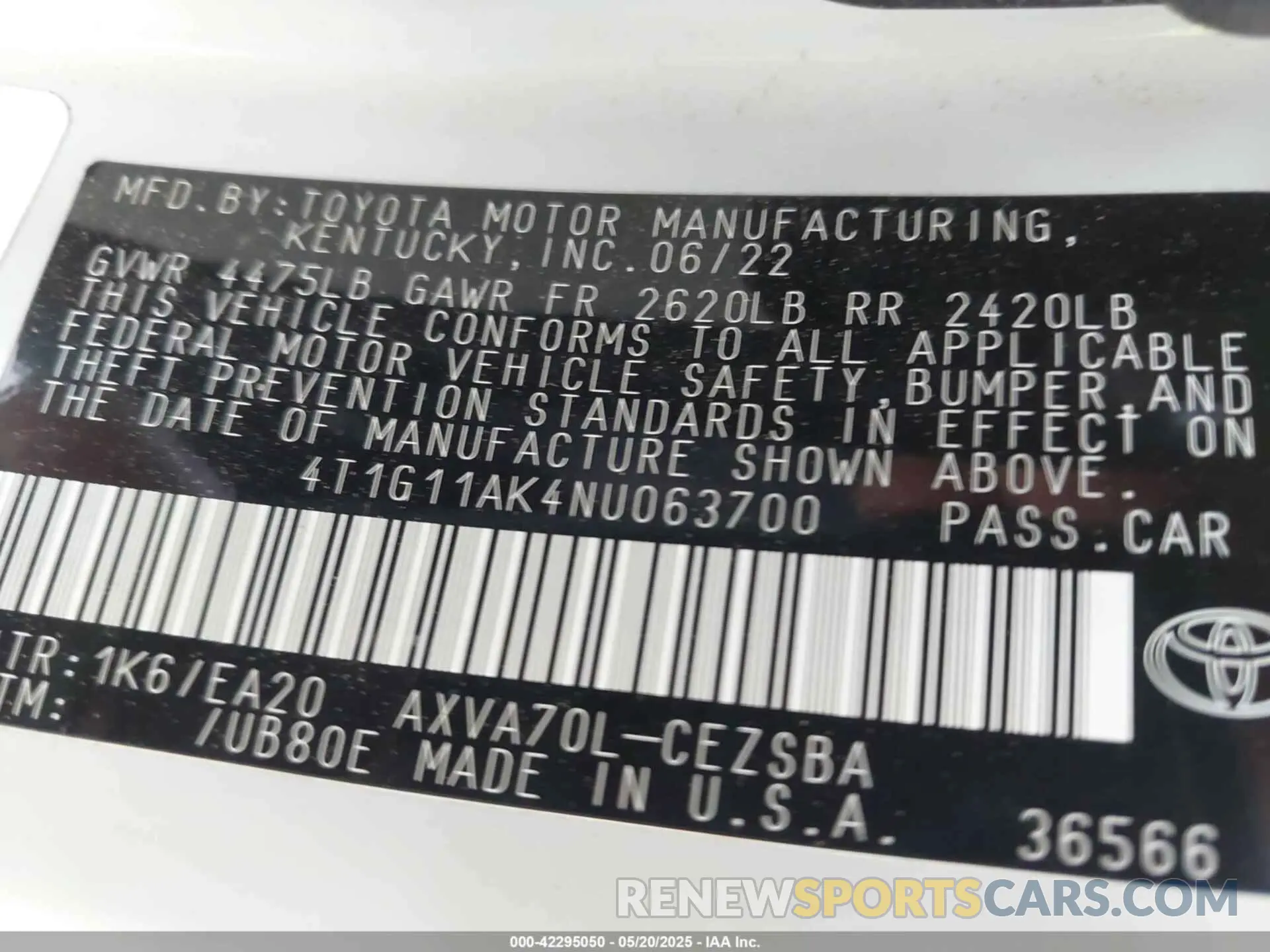 9 Фотография поврежденного автомобиля 4T1G11AK4NU063700 TOYOTA CAMRY 2022