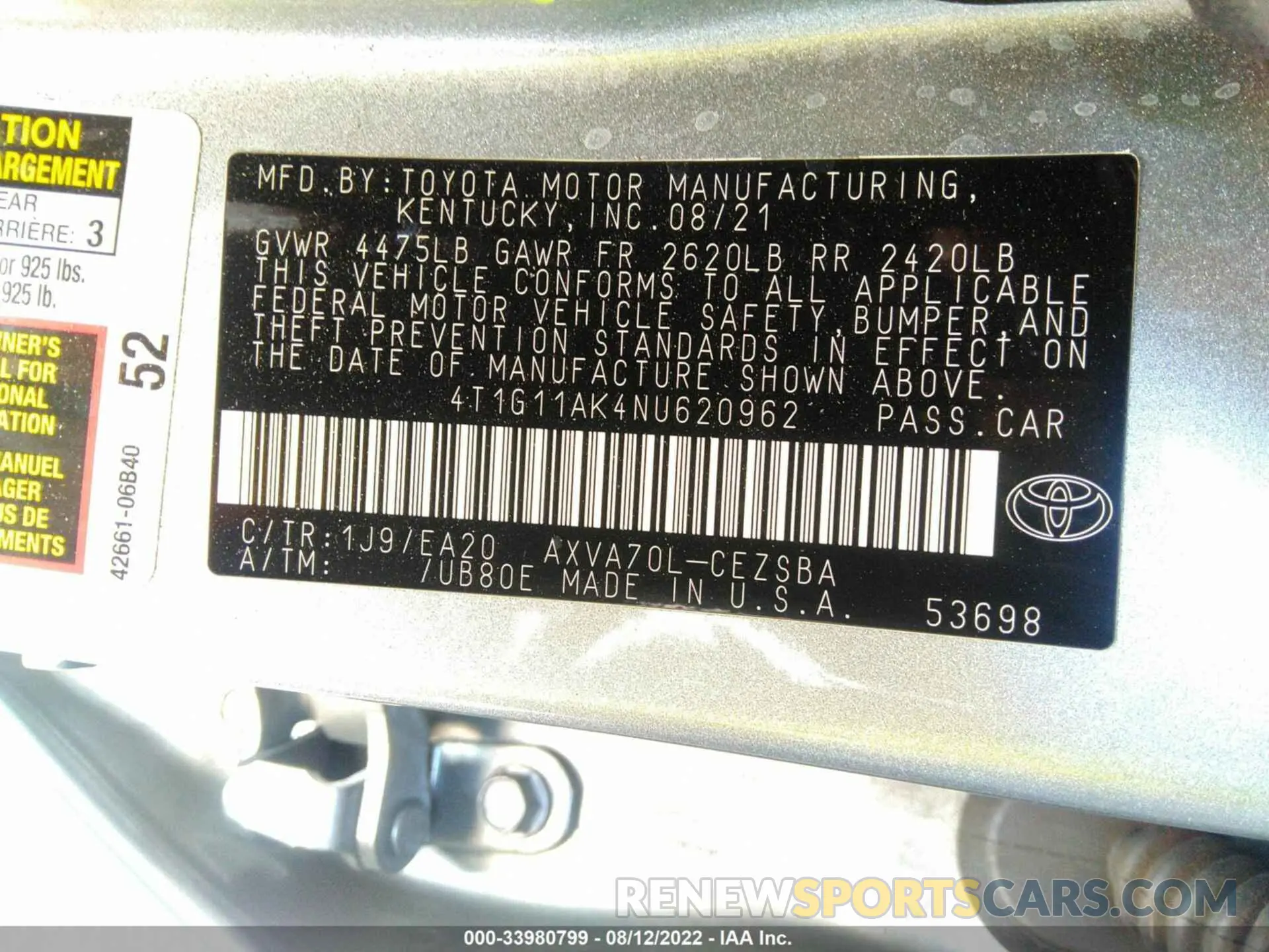 9 Photograph of a damaged car 4T1G11AK4NU620962 TOYOTA CAMRY 2022