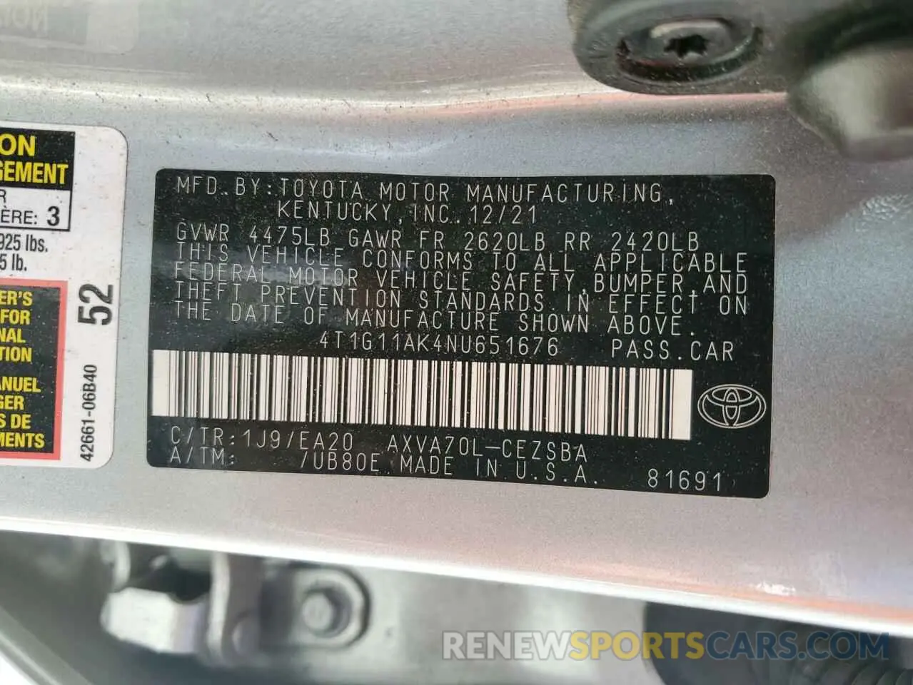 13 Photograph of a damaged car 4T1G11AK4NU651676 TOYOTA CAMRY 2022