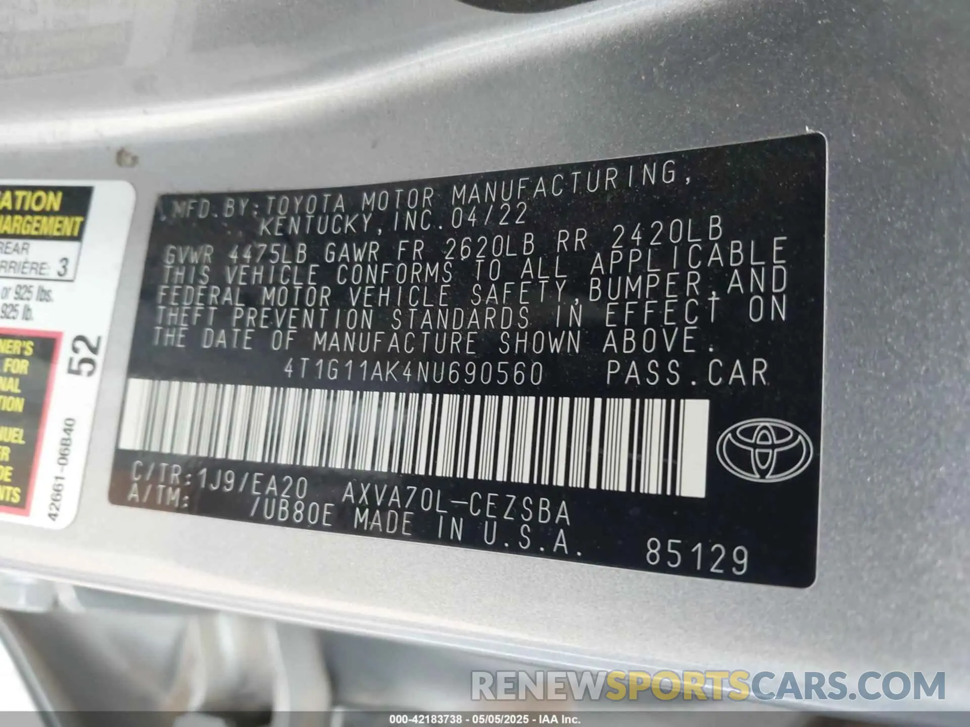 9 Фотография поврежденного автомобиля 4T1G11AK4NU690560 TOYOTA CAMRY 2022