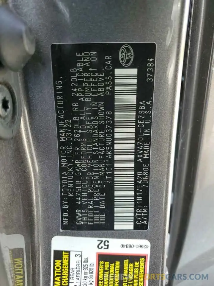 12 Фотография поврежденного автомобиля 4T1G11AK5NU037378 TOYOTA CAMRY 2022