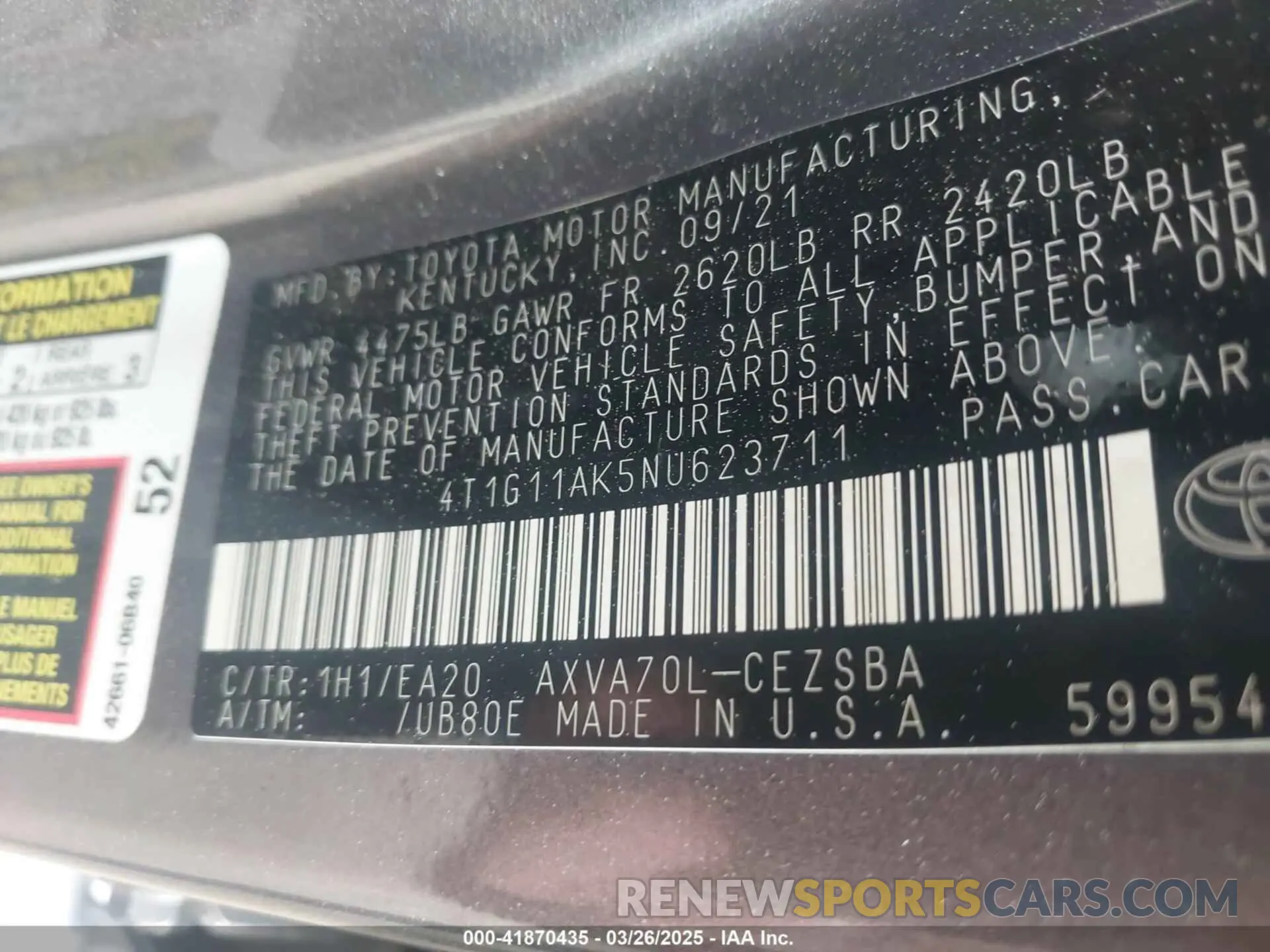 9 Фотография поврежденного автомобиля 4T1G11AK5NU623711 TOYOTA CAMRY 2022