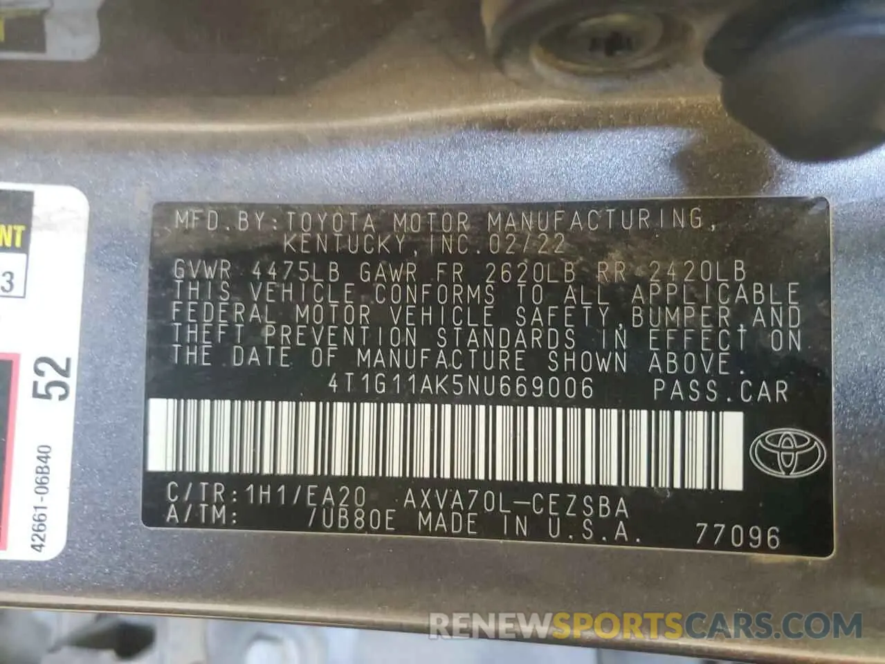 12 Photograph of a damaged car 4T1G11AK5NU669006 TOYOTA CAMRY 2022