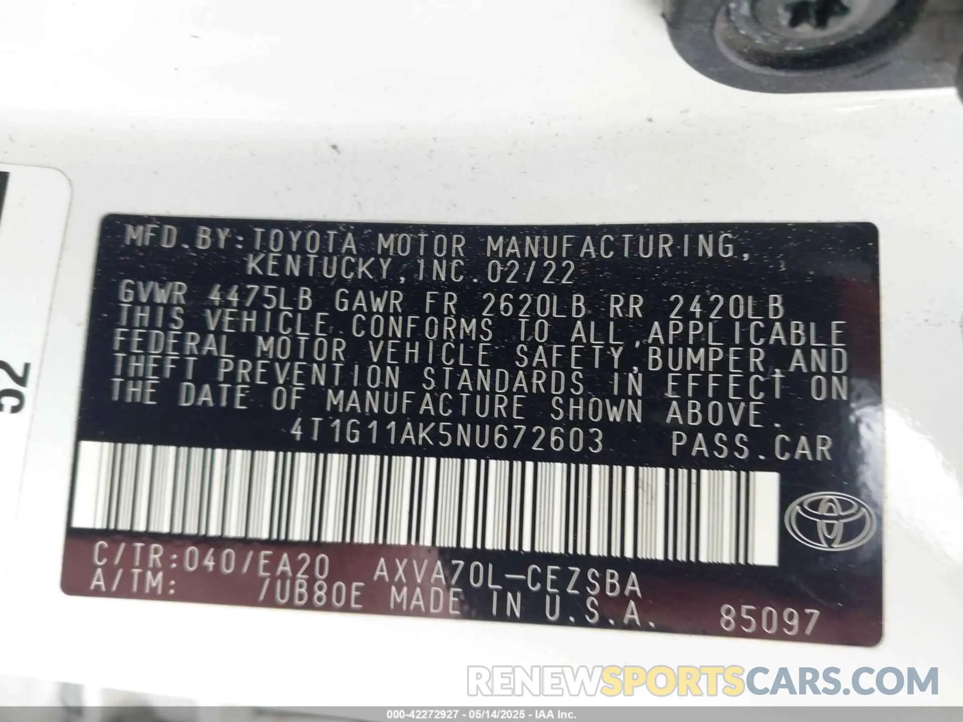 9 Photograph of a damaged car 4T1G11AK5NU672603 TOYOTA CAMRY 2022