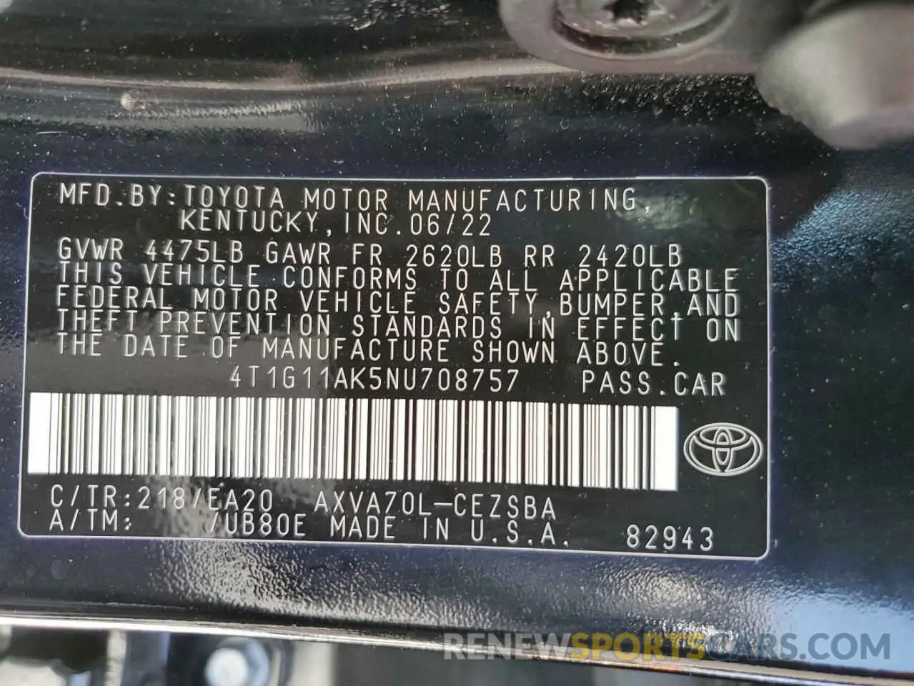 12 Фотография поврежденного автомобиля 4T1G11AK5NU708757 TOYOTA CAMRY 2022