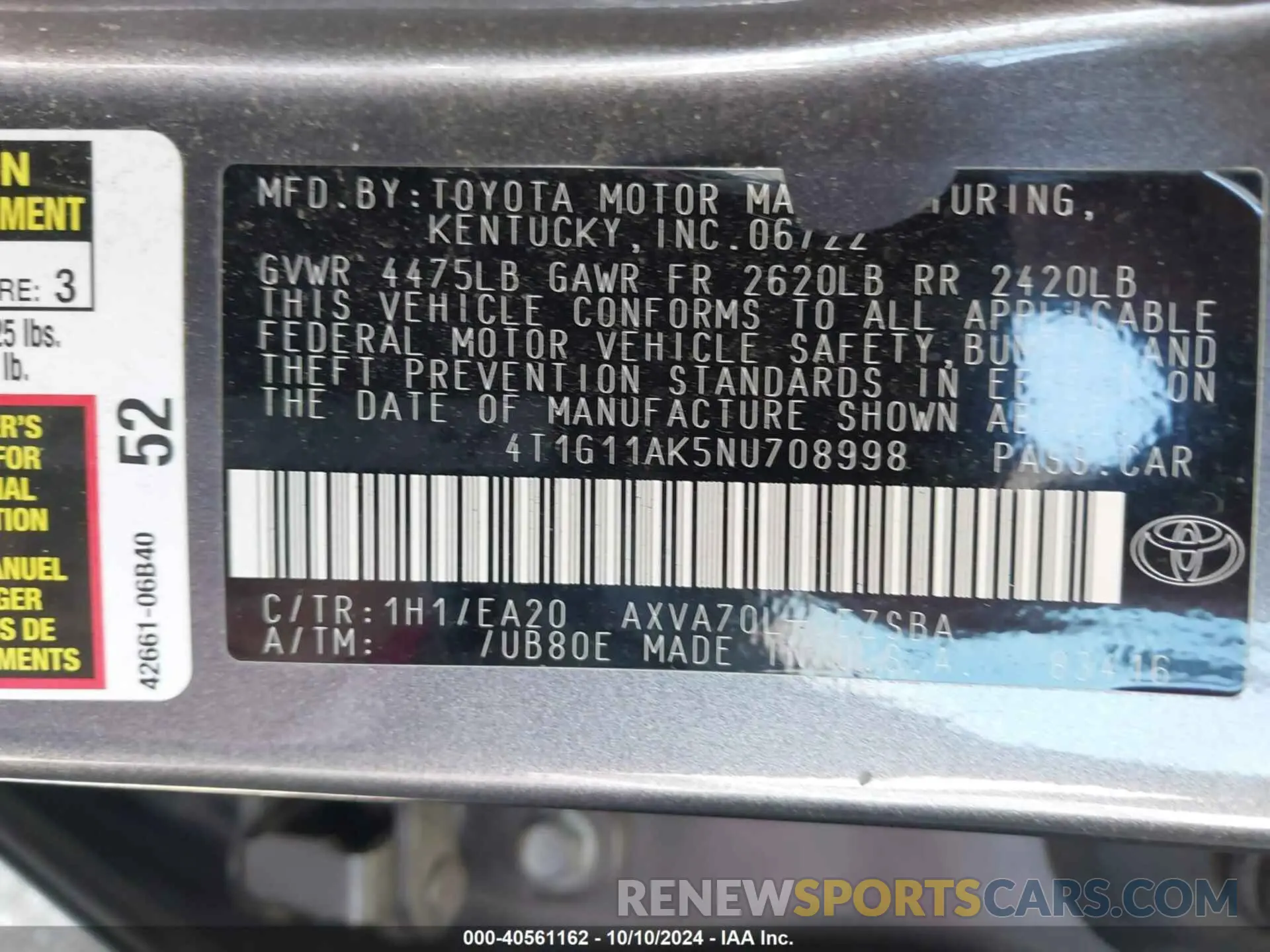 9 Photograph of a damaged car 4T1G11AK5NU708998 TOYOTA CAMRY 2022