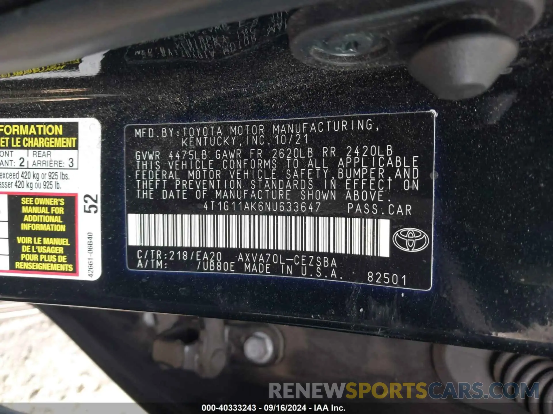 9 Photograph of a damaged car 4T1G11AK6NU633647 TOYOTA CAMRY 2022