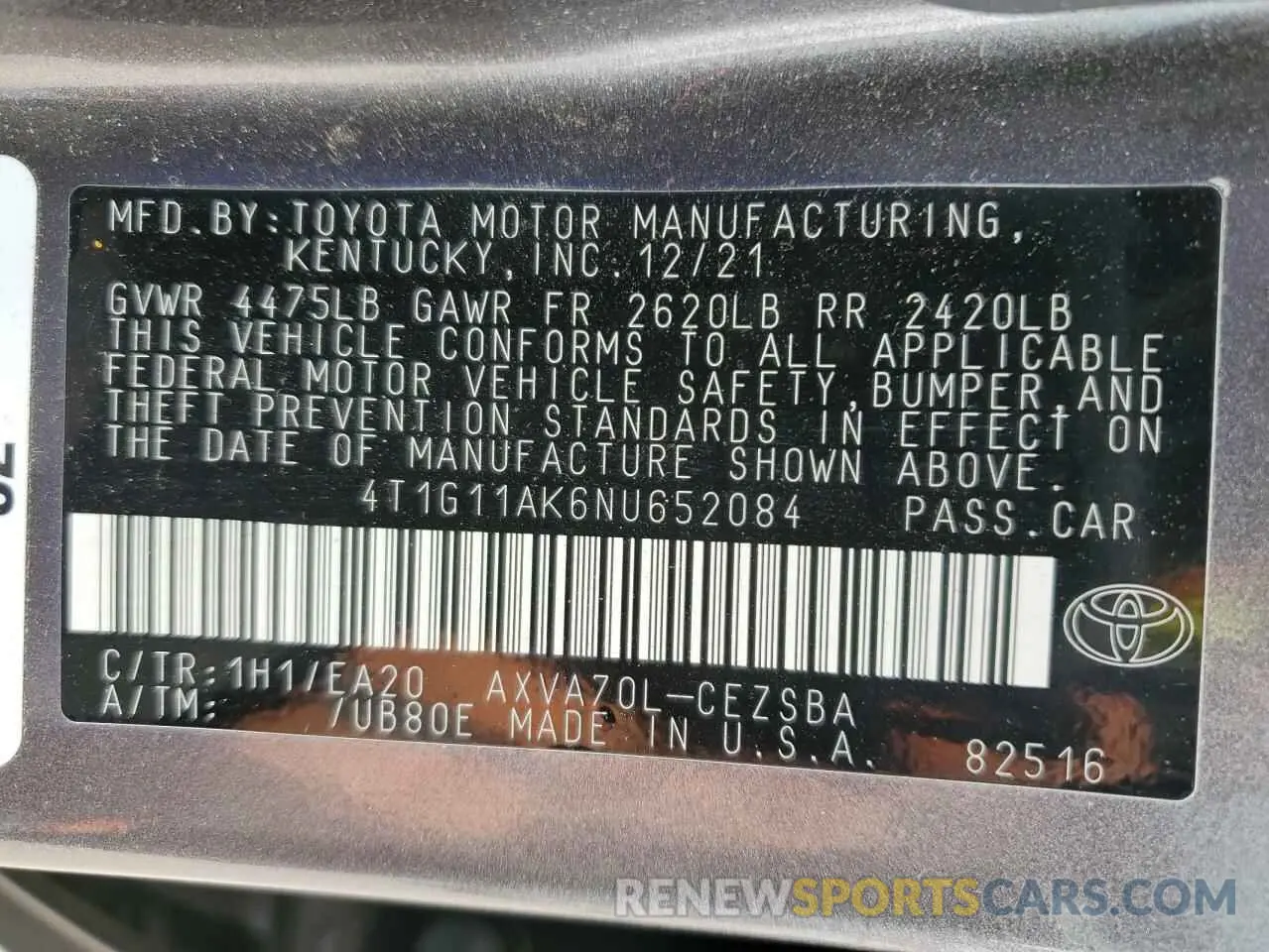12 Photograph of a damaged car 4T1G11AK6NU652084 TOYOTA CAMRY 2022