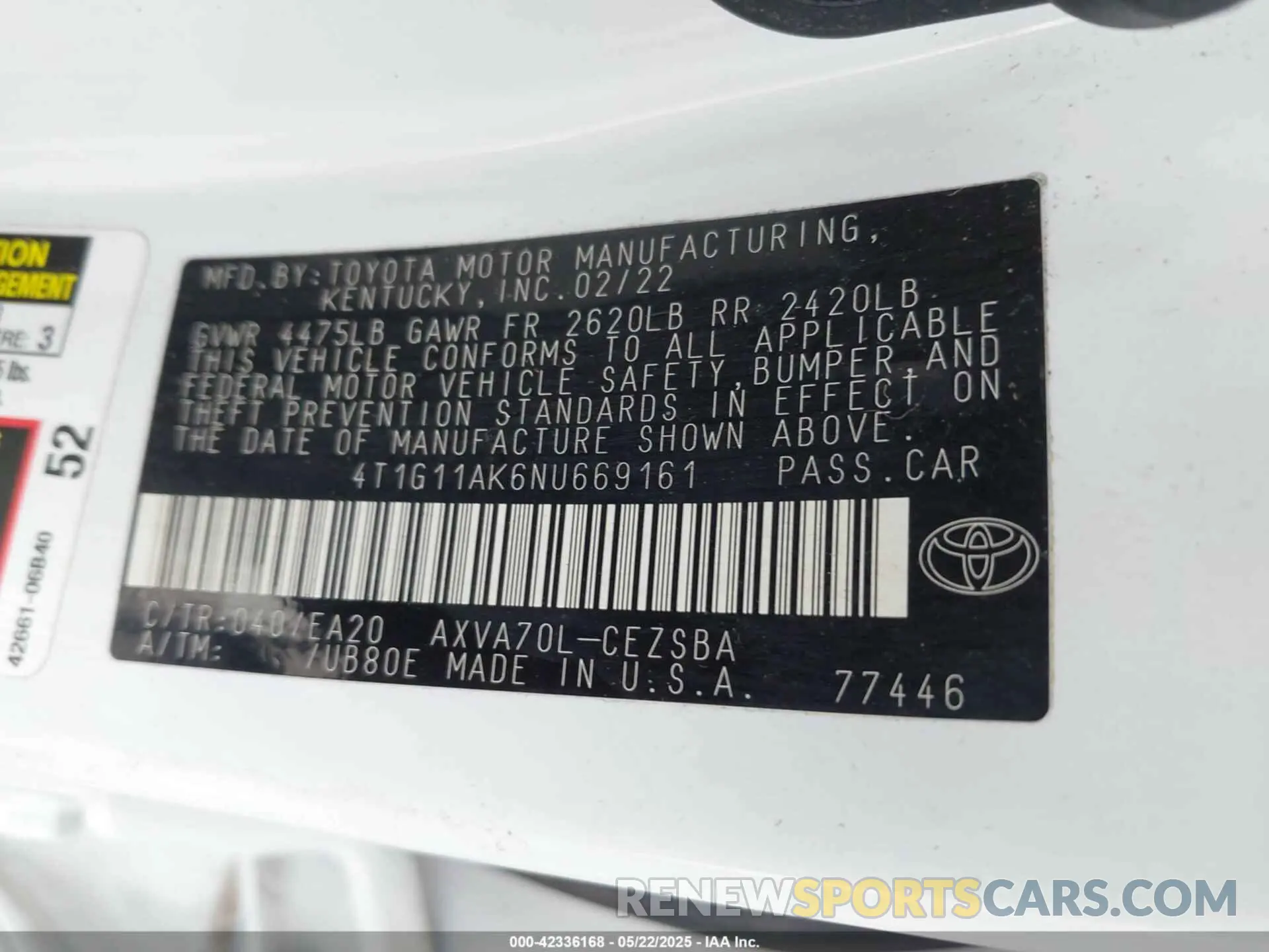 9 Фотография поврежденного автомобиля 4T1G11AK6NU669161 TOYOTA CAMRY 2022