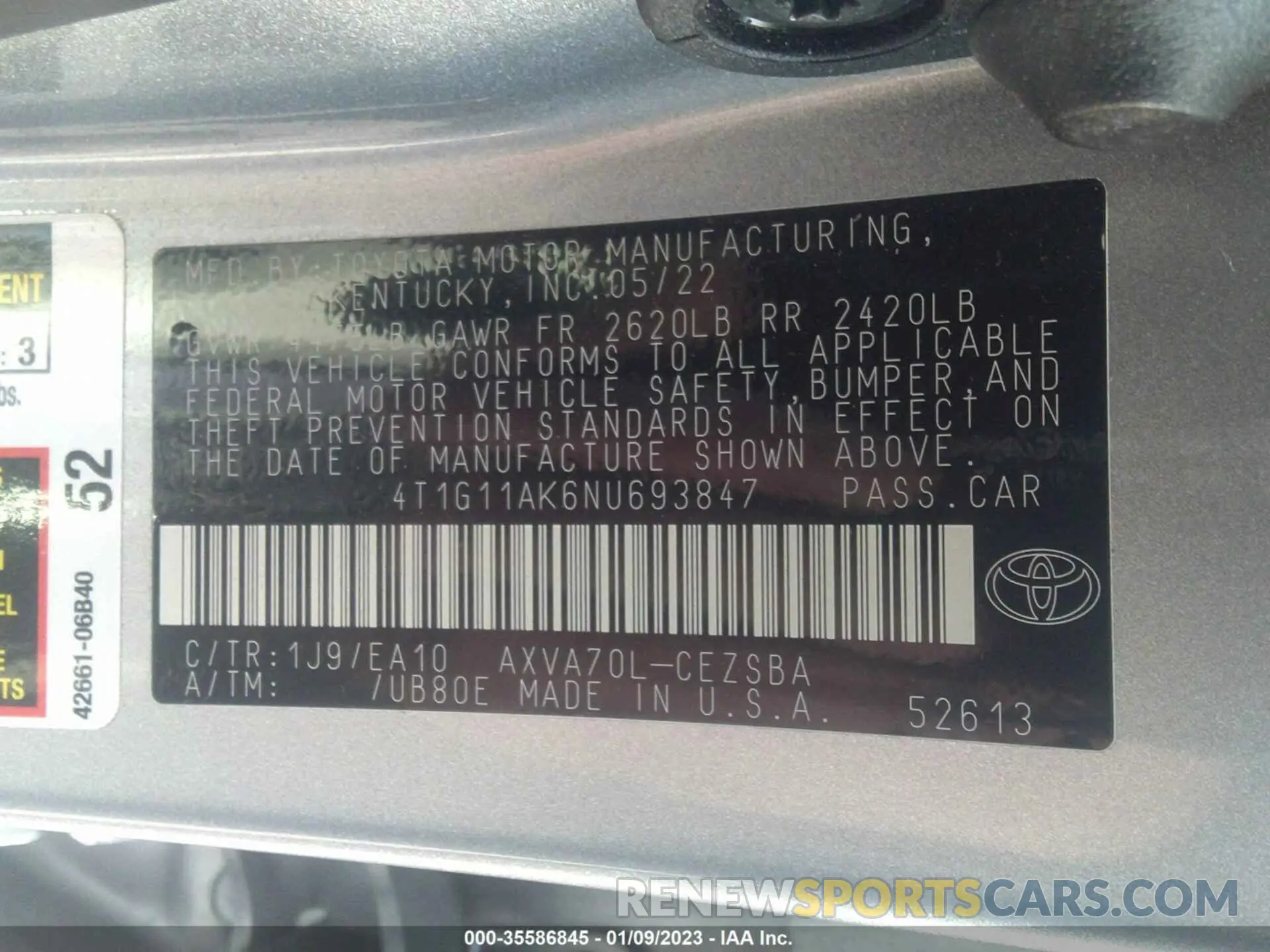 9 Фотография поврежденного автомобиля 4T1G11AK6NU693847 TOYOTA CAMRY 2022
