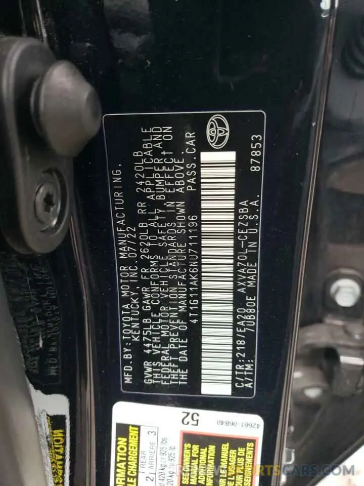 12 Фотография поврежденного автомобиля 4T1G11AK6NU711196 TOYOTA CAMRY 2022