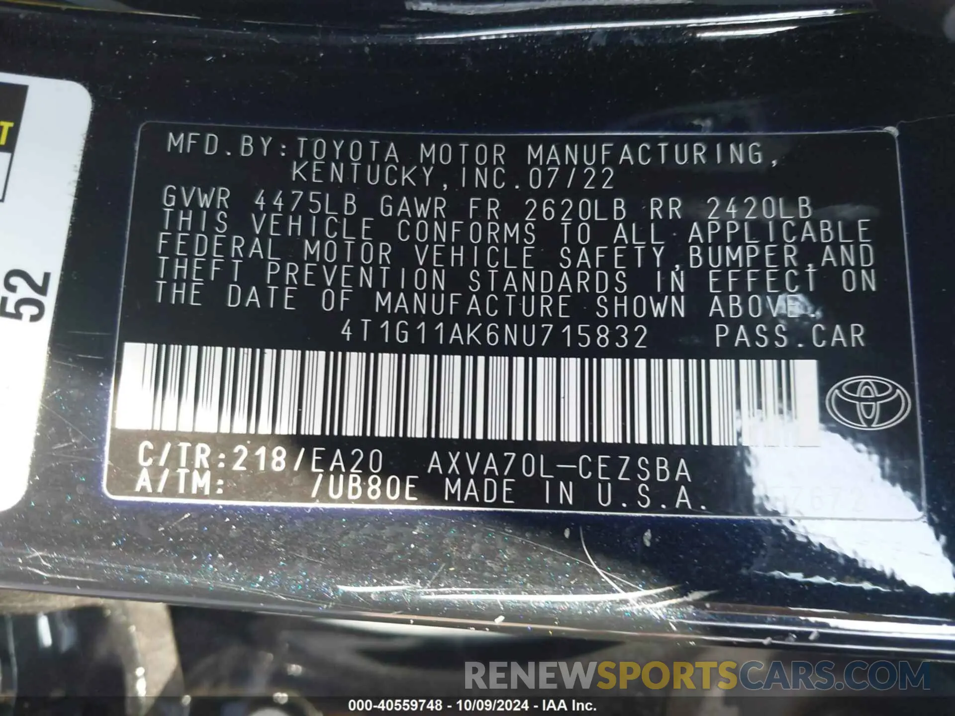 9 Photograph of a damaged car 4T1G11AK6NU715832 TOYOTA CAMRY 2022