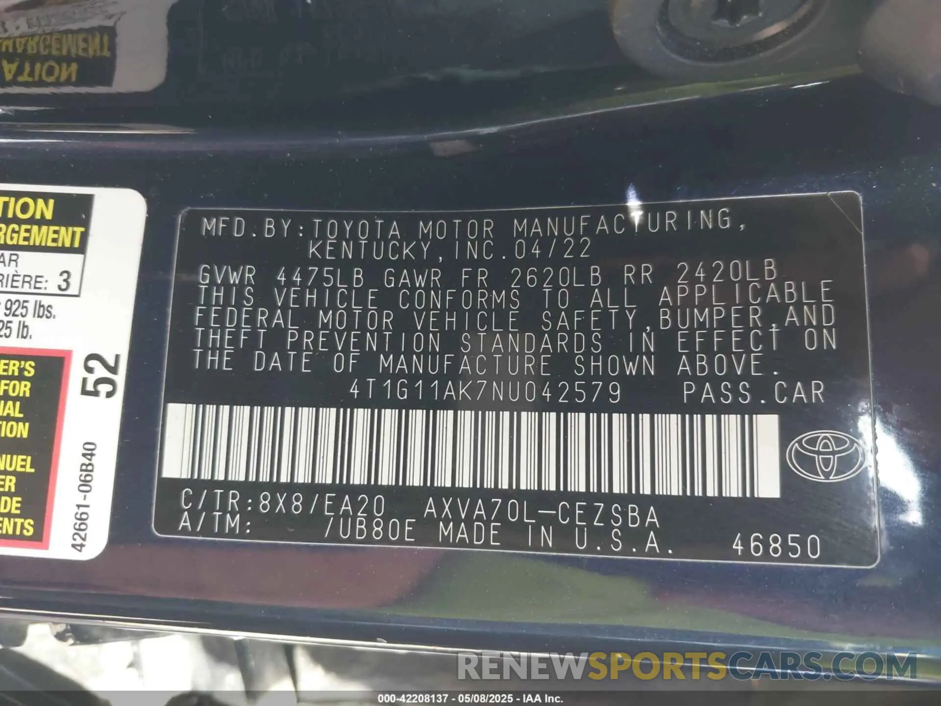 9 Фотография поврежденного автомобиля 4T1G11AK7NU042579 TOYOTA CAMRY 2022