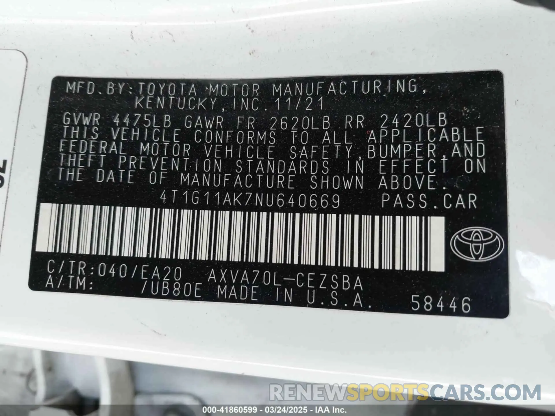 9 Photograph of a damaged car 4T1G11AK7NU640669 TOYOTA CAMRY 2022