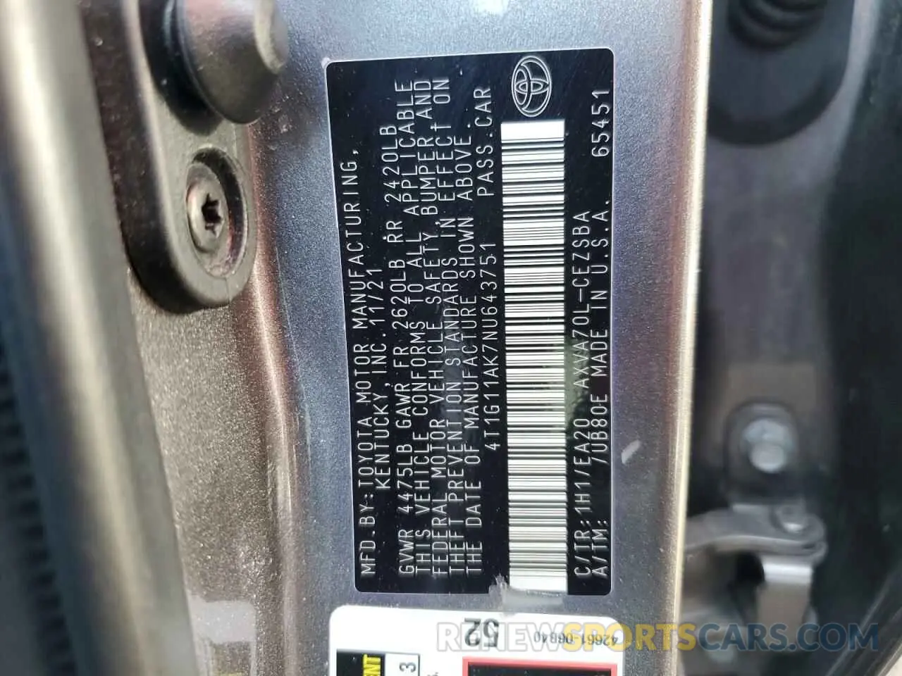 12 Photograph of a damaged car 4T1G11AK7NU643751 TOYOTA CAMRY 2022