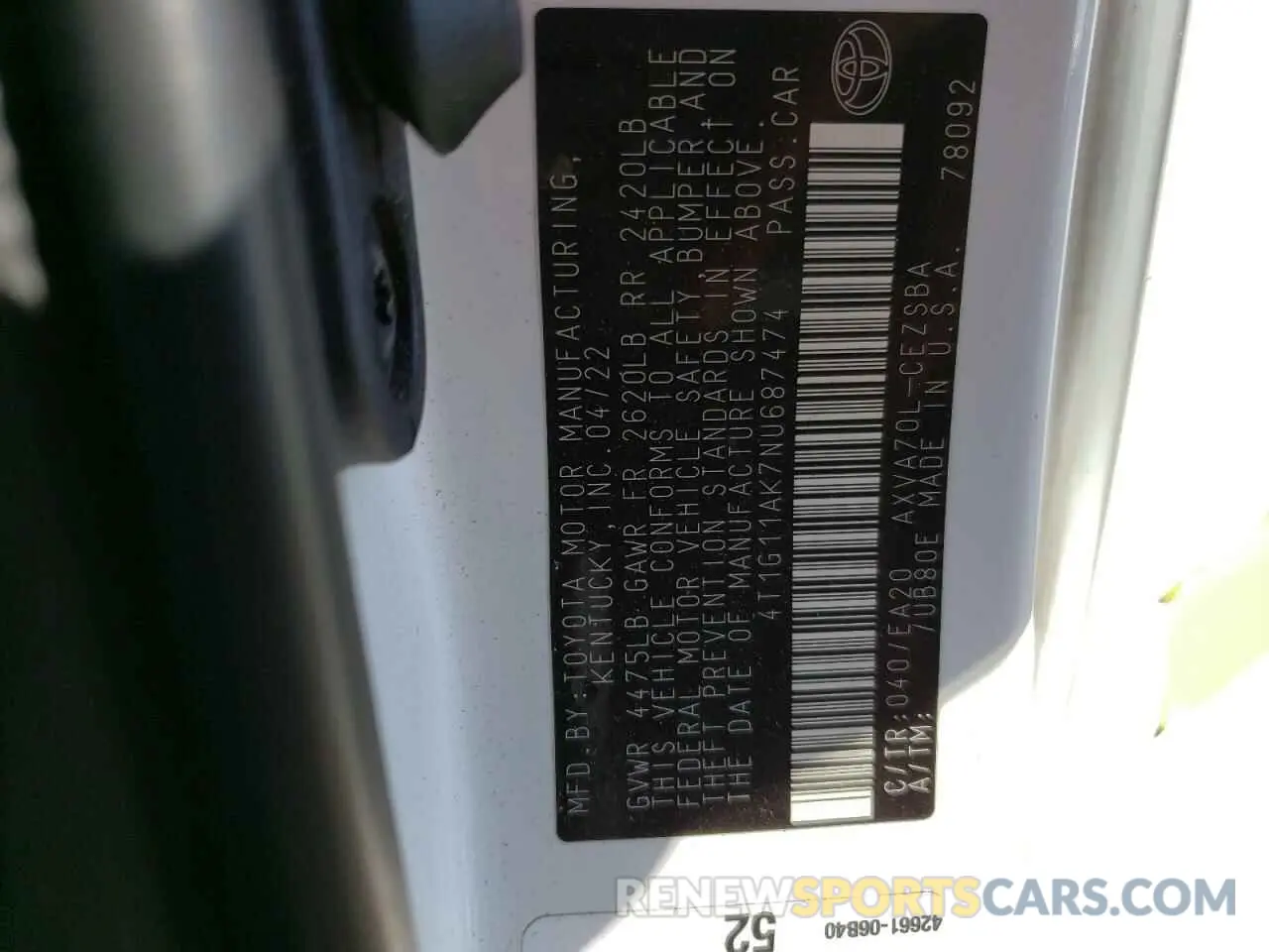 12 Photograph of a damaged car 4T1G11AK7NU687474 TOYOTA CAMRY 2022