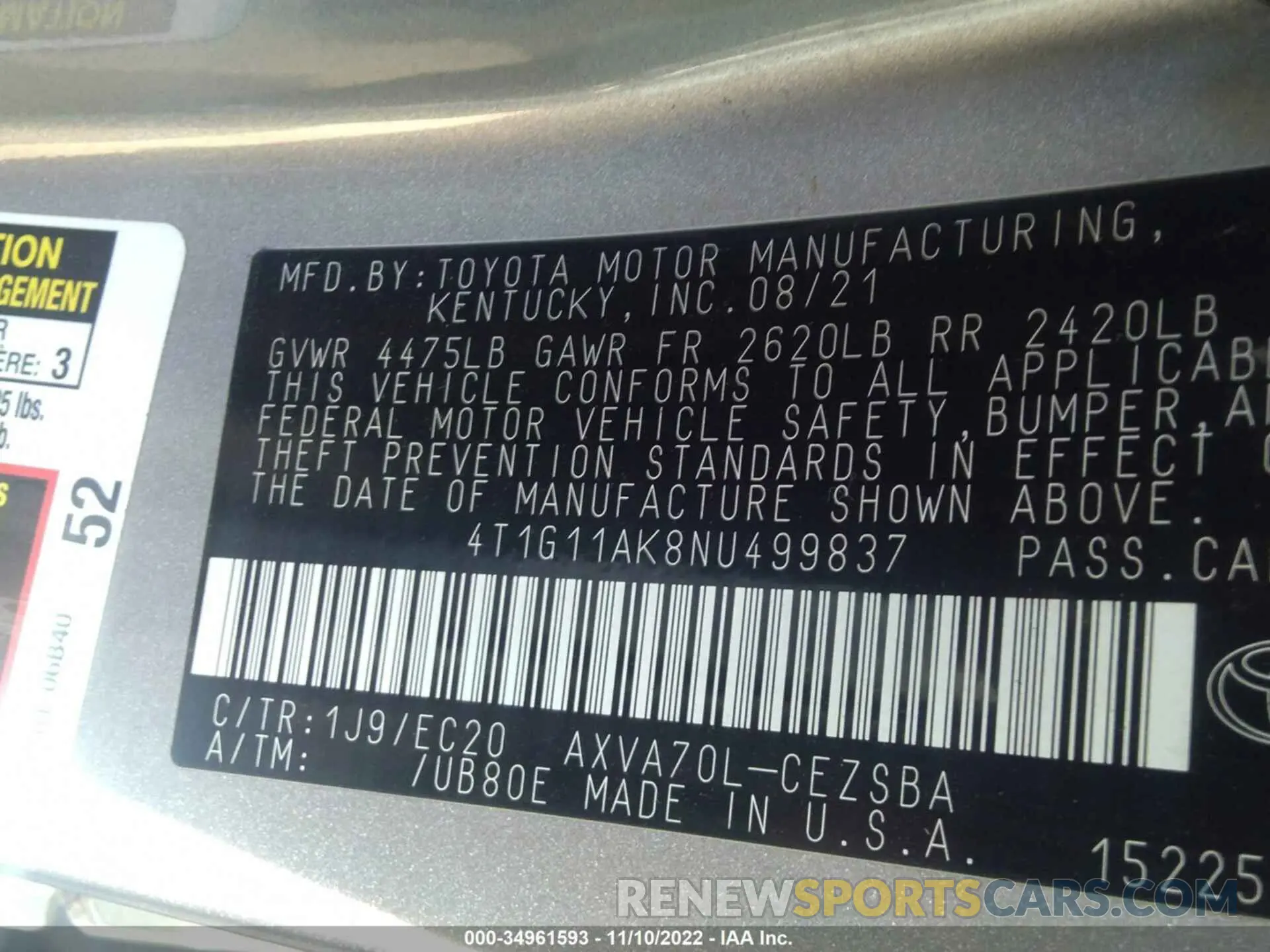 9 Photograph of a damaged car 4T1G11AK8NU499837 TOYOTA CAMRY 2022