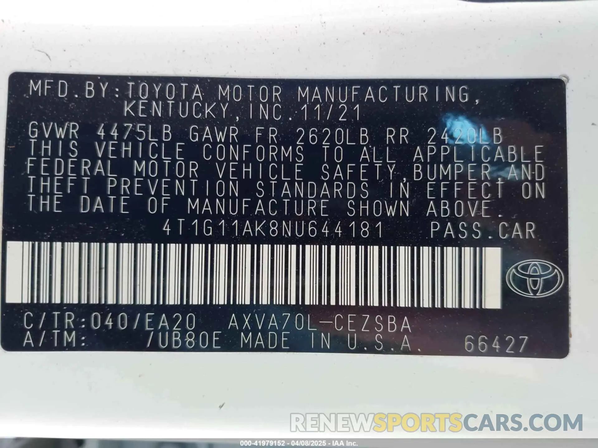 9 Фотография поврежденного автомобиля 4T1G11AK8NU644181 TOYOTA CAMRY 2022
